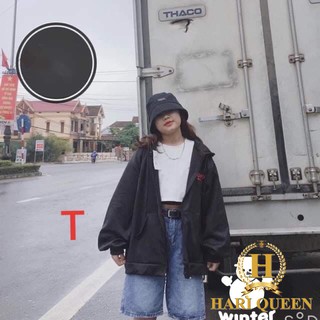 Áo khoác nỉ mũ hai lớp logo OH OH basic HARIQUEEN - Áo nỉ mũ khóa lót bông tay bồng thời trang cá tính