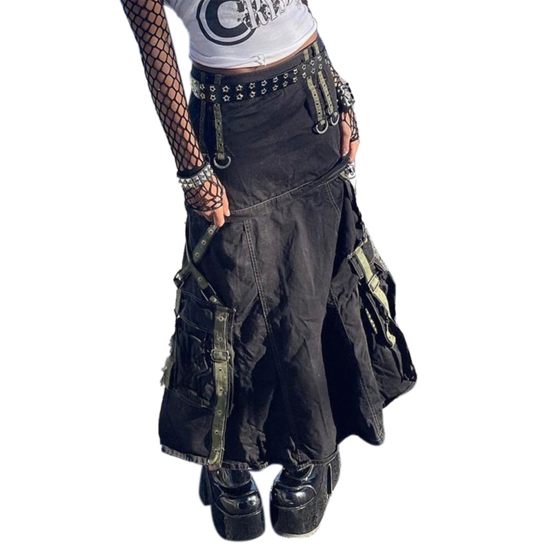 Brroa Chân Váy Midi Dáng Chữ A Dài Lưng Thấp Phối Vòng Kim Loại Phong Cách Gothic Punk Harajuku Đường Phố Cho Nữ