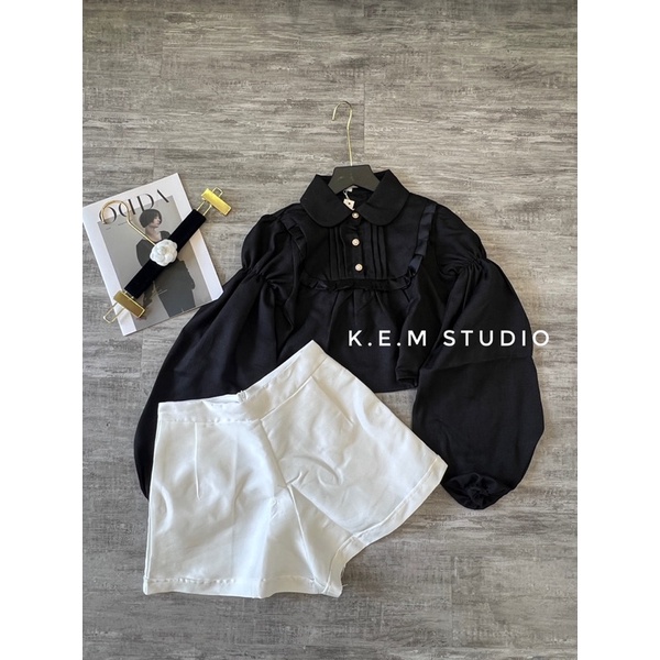 Áo dạ mỏng tay bồng cổ sen xinh xắn .kem studio A02
