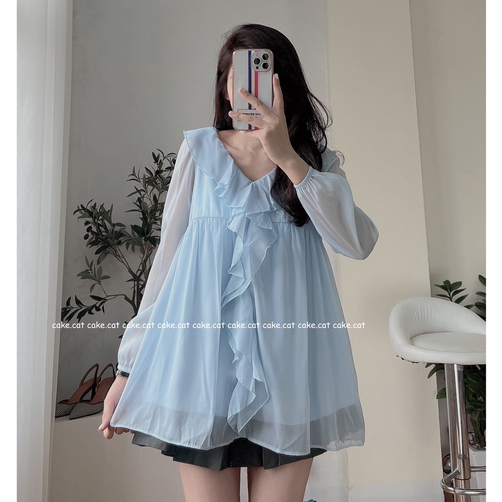 [SẴN/ VIDEO THẬT] Áo Babydoll Voan Lụa Viền Bèo Xanh