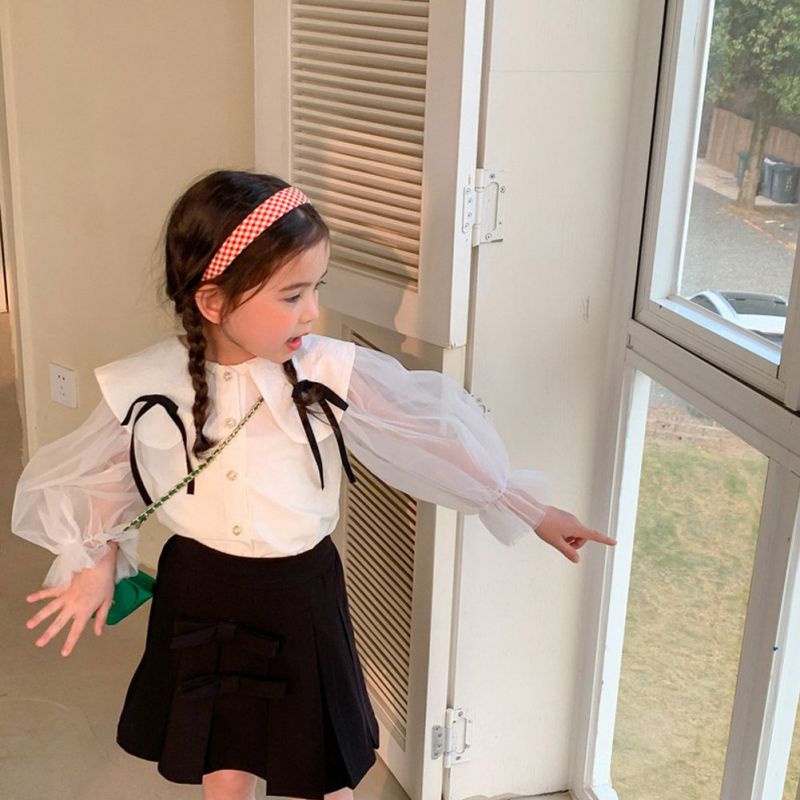 Áo Sơ Mi Trắng Cổ Búp Bê Đính Nơ Xinh Xắn Cho Bé Gái