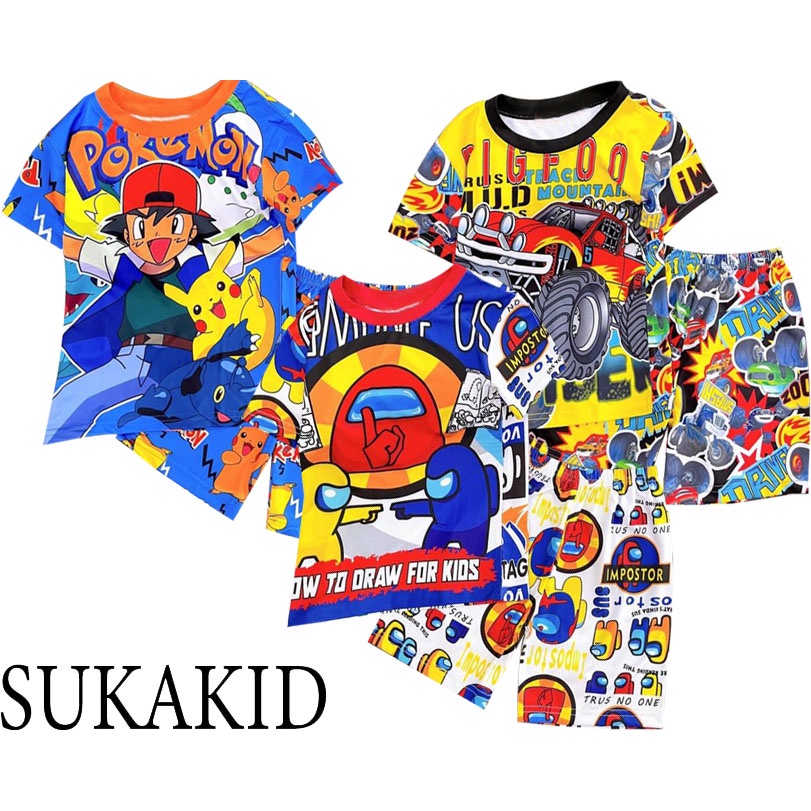 Đồ bé trai in chuyển nhiệt 3D chất liệu thoáng co giãn 4 chiếc xe,Among.pikachu cho bé từ 6kg đến 40kg.TN02.