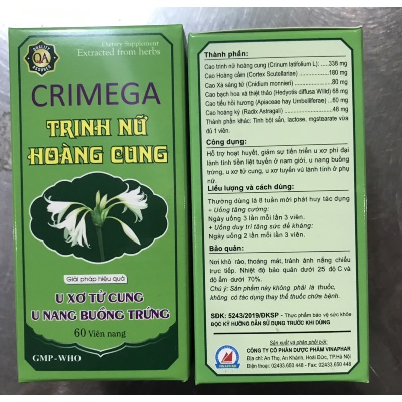 Viên uống TRINH NỮ HOÀNG CUNG  CRIMEGA Vinaphar - Hôp 60 viên -Hỗ trợ u xơ tiền liệt tuyến, u xơ vú, u nang buồng trứng