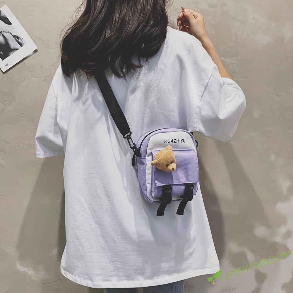 Women Canvas Crossbody Bags Student Cute Bear Doll Zip Shoulder Phone Pouch