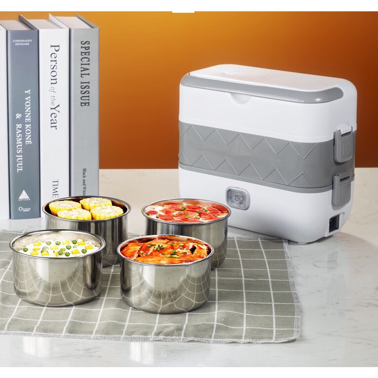 Hộp cơm cắm điện văn phòng 2 tầng 4 bát inox giữ nhiệt, hâm nóng và tự nấu chín nhỏ gọn,tiện lợi