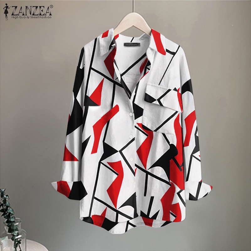 Áo sơ mi Zanzea tay dài có túi họa tiết hình học dành cho nữ