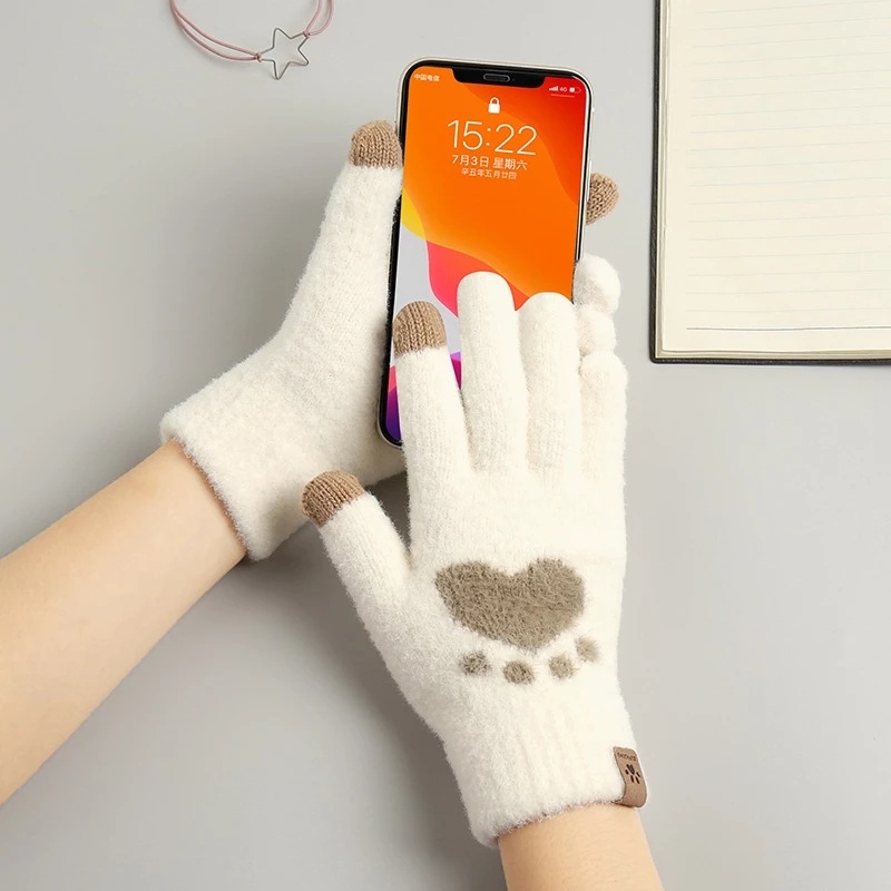 1 Đôi Găng Tay Len Hình Chân Mèo Giữ Ấm Mùa Đông Có Thể Sử Dụng Màn Hình Cảm Ứng Cho Nữ