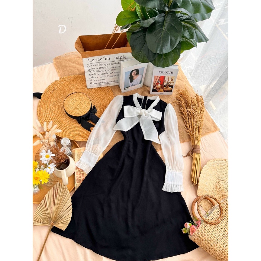 Đầm váy nữ tay dài cổ phối nơ from dáng xòe xinh xắn, nhã nhặn thời trang nữ cho quý cô dự tiệc