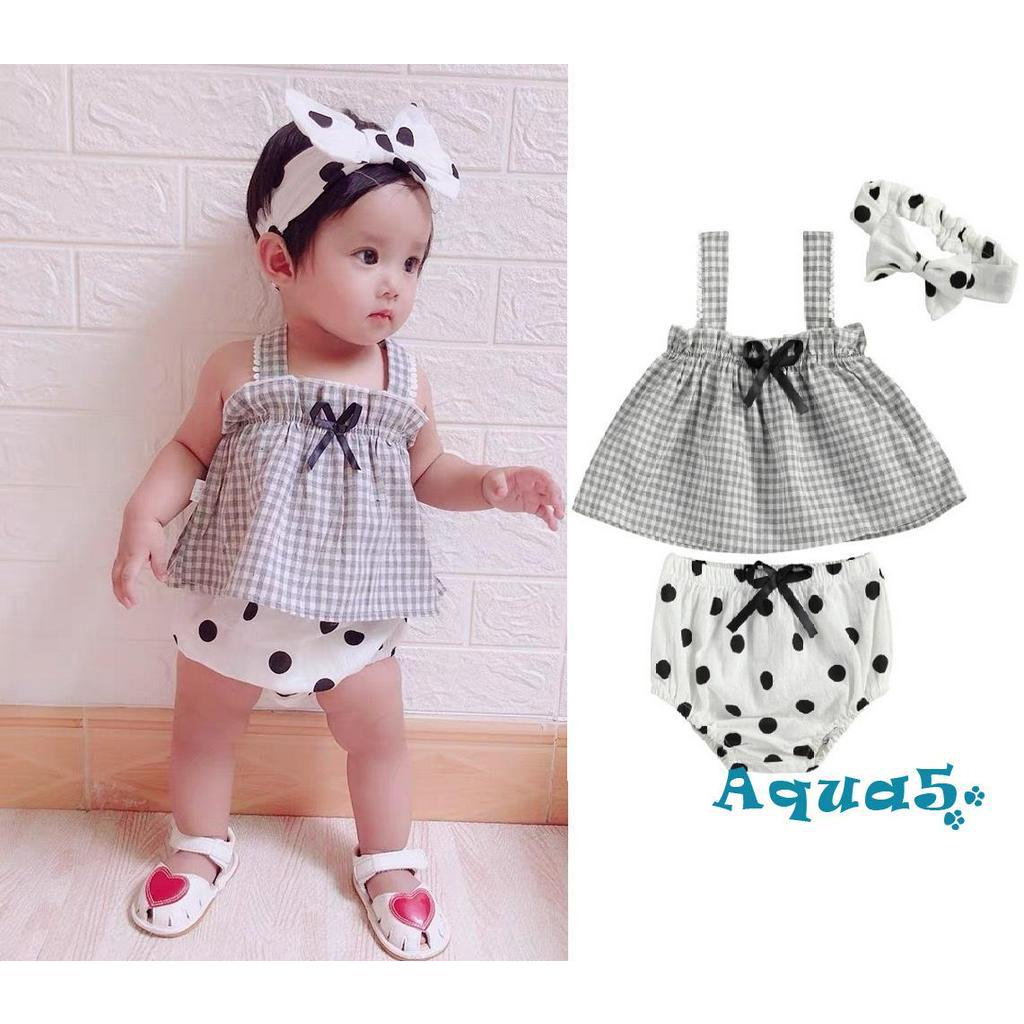 Bộ Đồ 3 Món Áo Không Tay Kẻ Sọc Caro Phối Quần Short Lưng Thun Họa Tiết Chấm Bi Và Băng Đô Xinh Xắn Cho Bé Gái