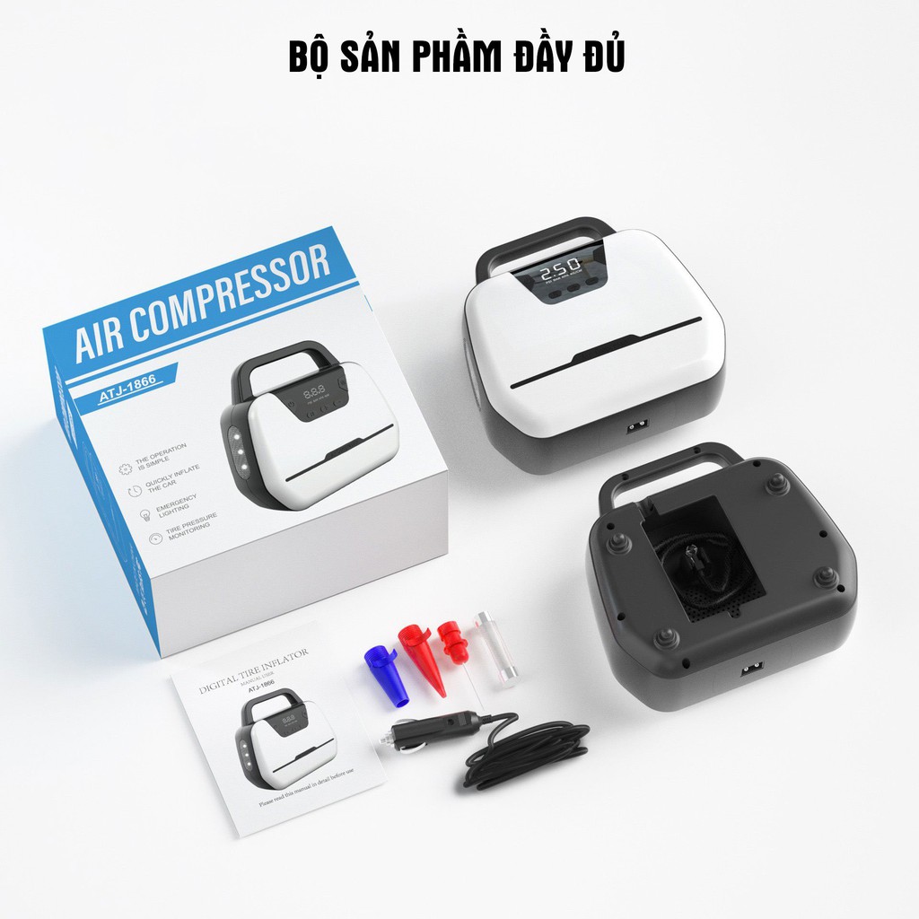 Bơm lốp xe ô tô, xe hơi tự động ngắt khi bơm đầy AIR COMPRESSOR ATJ-1866, có đèn chiếu sáng- BẢO HÀNH 3 THÁNG!