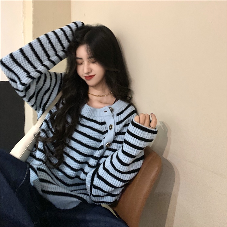 Áo Sweater Kẻ Sọc Màu Sắc Tương Phản Phong Cách Retro Dành Cho Nữ