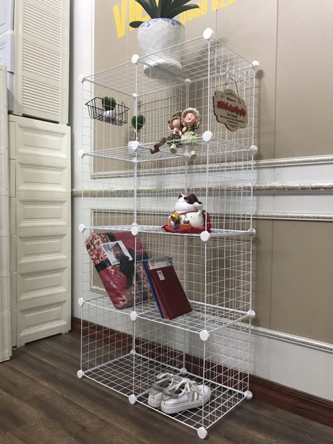 TẶNG MÓC CÀI SƯỜN - KỆ LƯỚI GHÉP SẮT 8 Ô TRẮNG SIZE 37x37cm.
