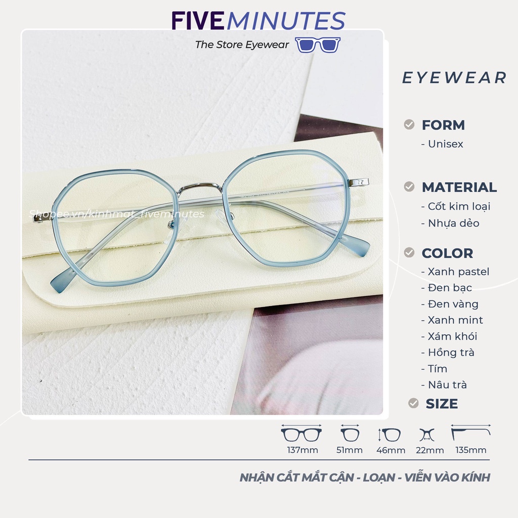 Gọng kính cận nữ, cốt kim loại chắc chắn, tone màu Pastel M2182 Five Minutes Siêu hot 2021