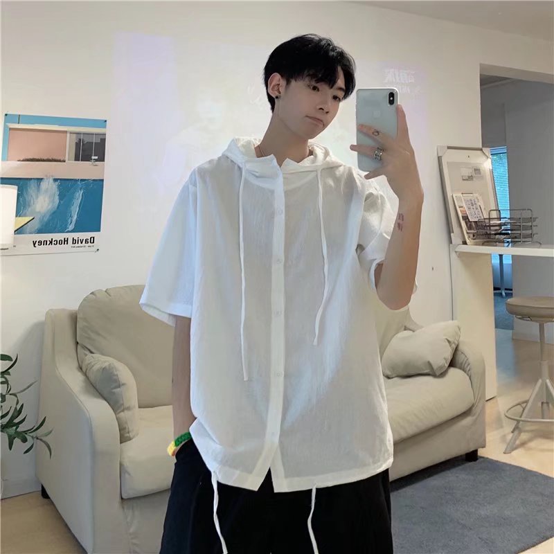 Áo Khoác cardigan Có Mũ Tay Ngắn Dáng Rộng Màu Trơn Thời Trang Mùa Hè Phong Cách Hàn Quốc 2022 Cho Nam