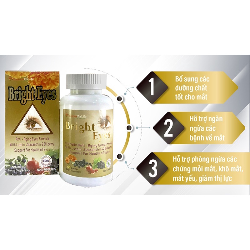 Viên Uống Bổ Mắt, Sáng Mắt Bright Eyes Vitamins For Life Giúp Giảm Mỏi Mắt, Khô Mắt,Suy Giảm Thị Lực Hộp 60 Viê