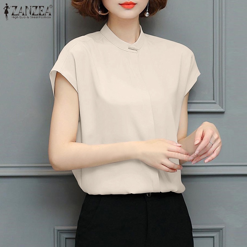 Áo sơ mi Zanzea tay ngắn dáng rộng màu trơn cài nút thanh lịch cho nữ