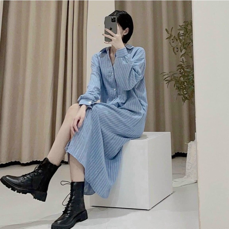 Đầm Váy Sơ Mi Kẻ Sọc Hàn Quốc thiết kế cổ bẻ form rộng freesize tay dài chất vải dày dặn ullzang vintage