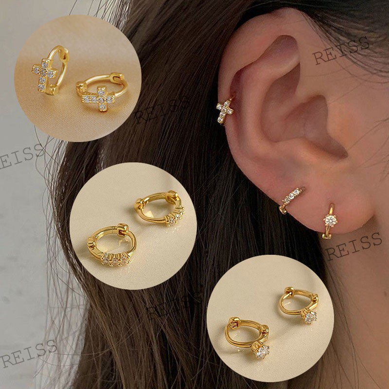 Bông tai mạ vàng 14K hình tròn đính đá đơn giản sang trọng