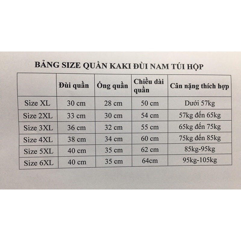QUẦN ĐÙI KAKI NAM TÚI HỘP CHO NGƯỜI TỚI 105KG