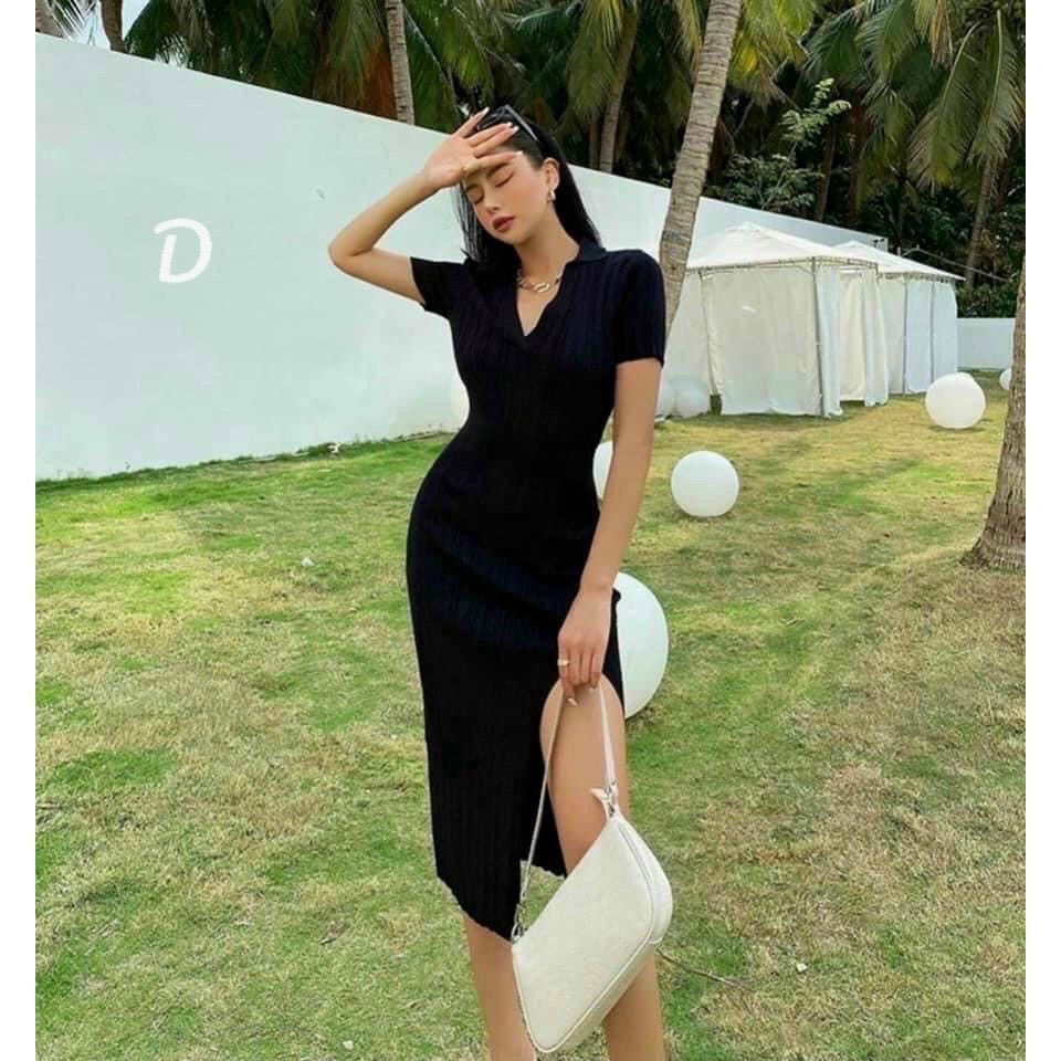 Đầm Body Tay Ngắn , Váy Dáng Dài Xẻ Quyến Rũ , Chất Vải Thun Gân Như Hình