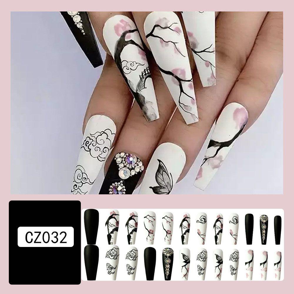 XIANTIN Bộ 24 Móng Tay Giả Dài Đính Đá Trái Tim / Bướm / Trái Tim Màu Hồng / Đen Có Thể Tháo Rờ