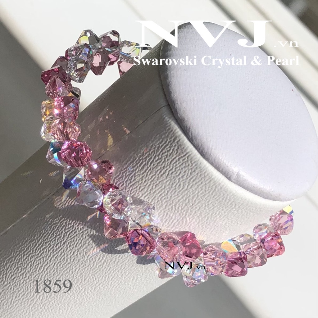 Vòng tay pha lê Swarovski 3 màu hồng rose 209, light rose 223 & crystal 001AB hạt nón xỏ đầu pendant 6328, khóa bạc tròn