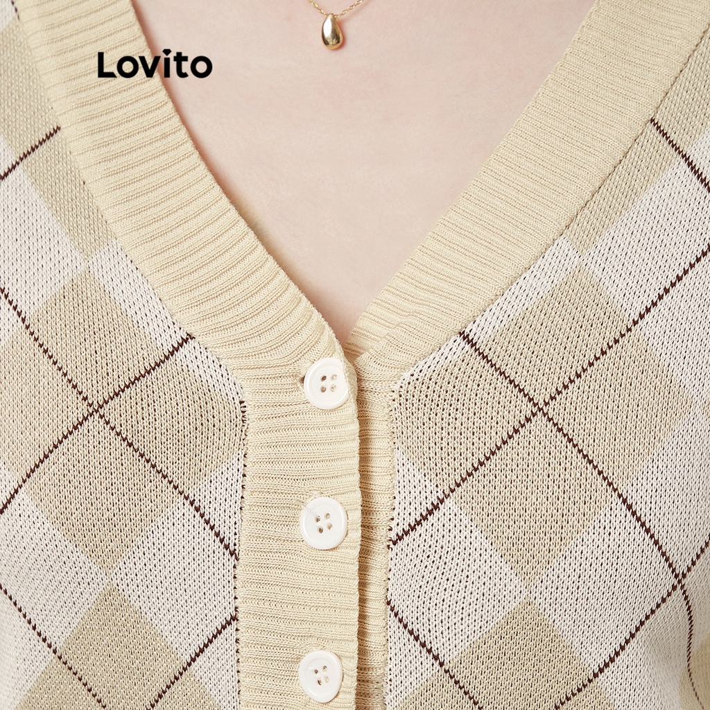 Lovito Casual Argyle Crop Long Sleeve Women Cardigan L33ED016 (Nhiều màu)
