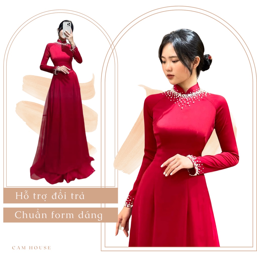 Áo dài cưới đỏ tủa ngọc trai