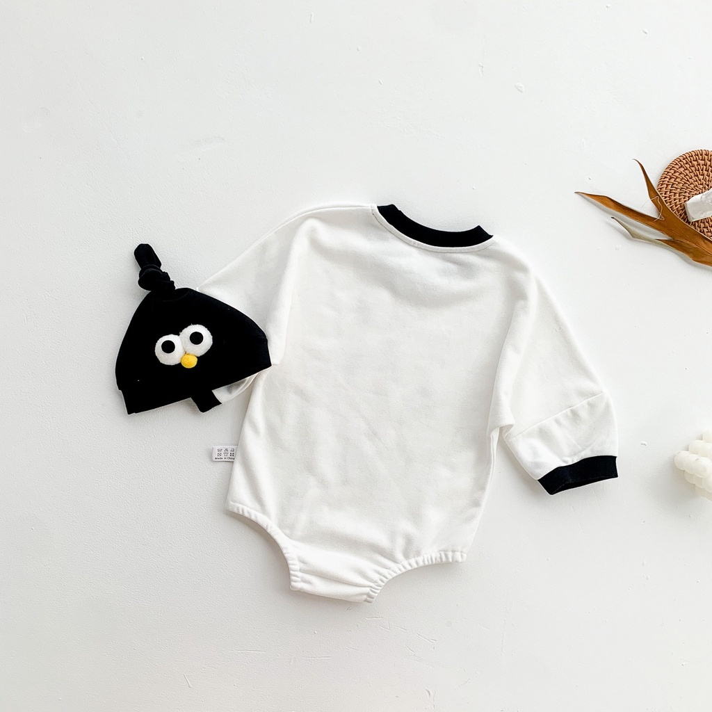 Bộ áo liền quần tay dài + nón vải cotton dễ thương thời trang mùa thu dành cho bé