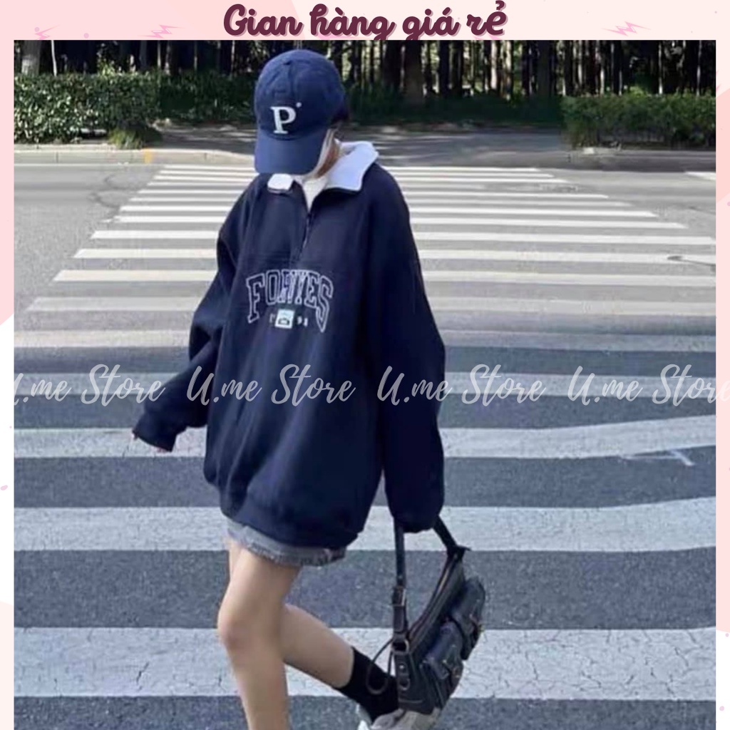 Áo Nỉ Zip FORUYFS cổ trụ xanh dương Sweater cao cổ dài tay bồng, thun hoodie form rộng cá tính Ulzzang