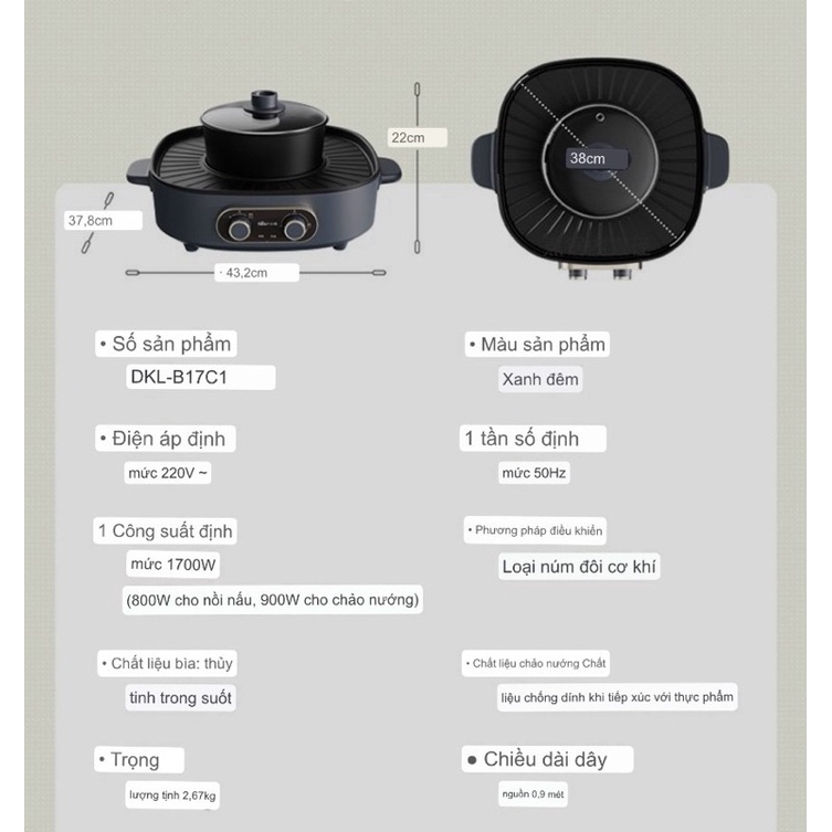 Nồi lẩu nướng đa năng Bear 7L công suất 1700w chống dính, an toàn, tiện lợi - bảo hành 12 tháng Minh Anh store