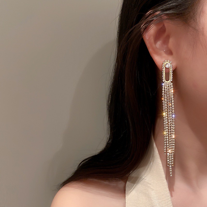 [Siêu Đẹp] Bông Tai 2 Hàng Dây Đá Lấp Lánh Đơn Giản Sang Chảnh Thanh Lịch Dự Tiệc Mainia Shop