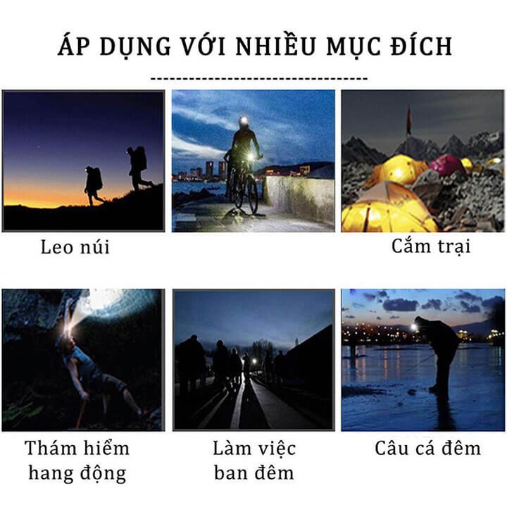 Đèn pin đội đầu 8 bóng Led siêu sáng chiếu xa 200M, đèn pin đeo trán 8 chế độ chống nước tiện lợi