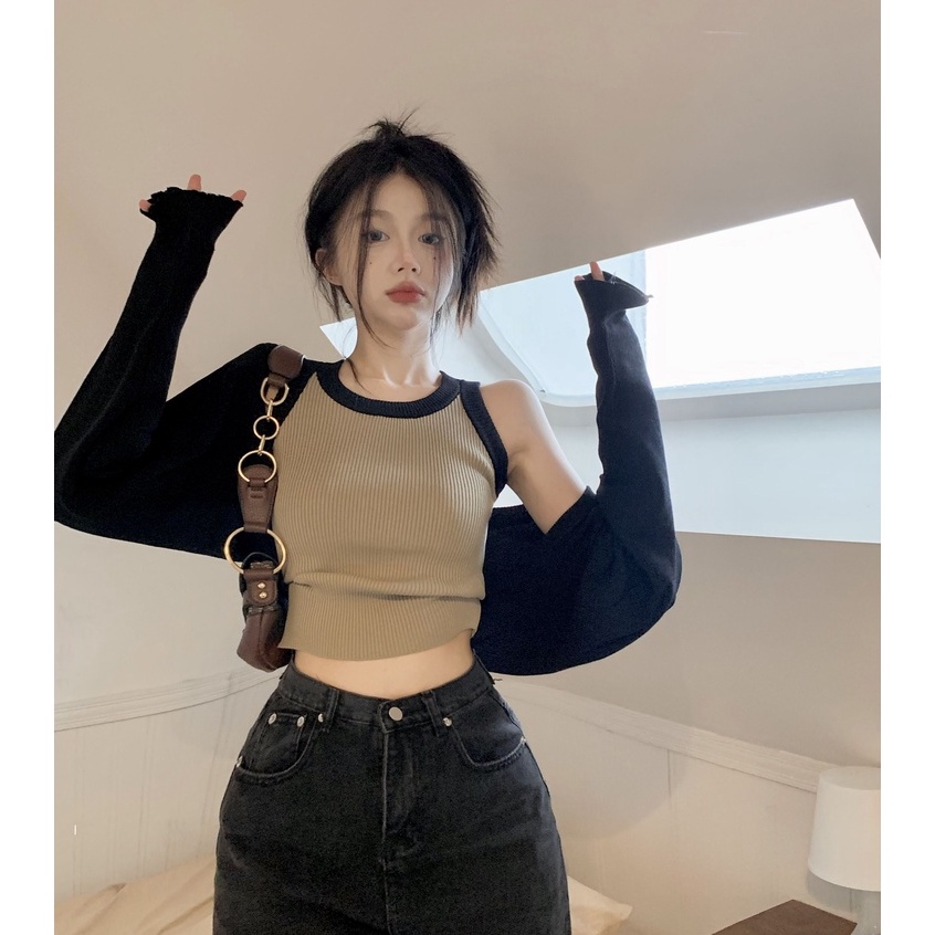 Thời trang Hàn Quốc nữ cổ điển dáng rộng ngắn tay dệt kim áo vest mùa thu nữ gợi cảm hot girl dệt kim hai mảnh