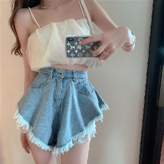 👕Set áo yếm laser + quần short Denim lưng cao ống rộng + quần legging ren