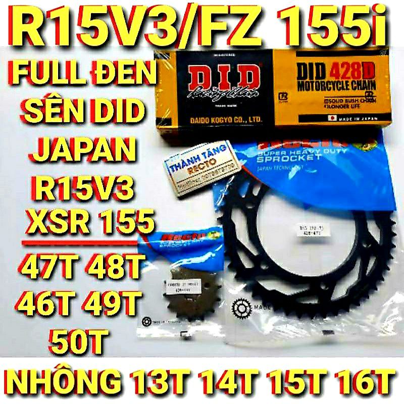 NHÔNG SÊN DĨA R15V3/FZ 155i/XSR 155 FULL ĐEN SÊN DID JAPAN DĨA 46T 47T 48T 49T 50T NHÔNG 13,14,15,16