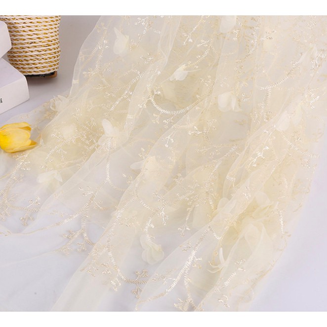 Vải Voan Ren Đính Hoa 3D Miếng nhỏ 50cmx70cm may đồ búp bê