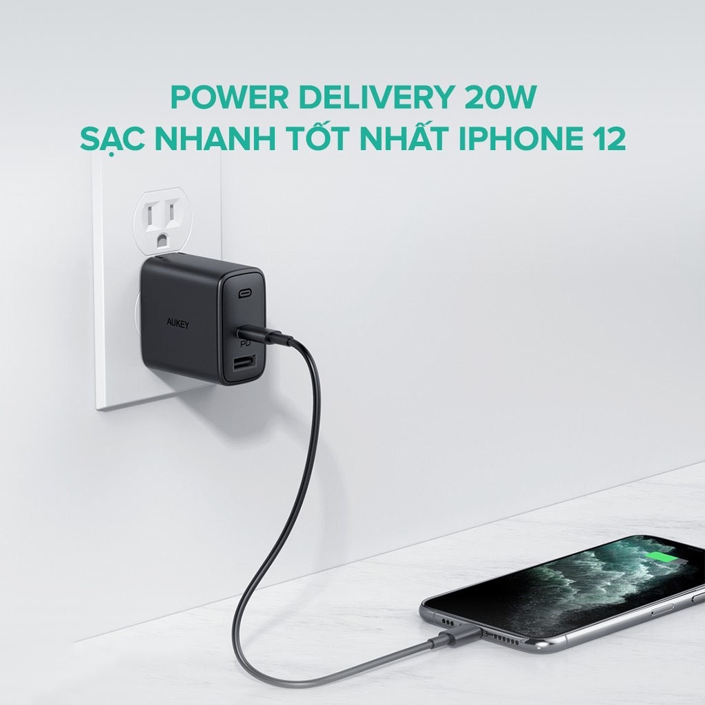 Cốc Sạc Nhanh Aukey 20W PA-B1, PA-F3S 32W PD 20W+12W,Cáp Sạc Nhanh CB-CL12 (1.2m) Sạc Nhanh 2 Trong iPhone PD 20W+QC 3.0