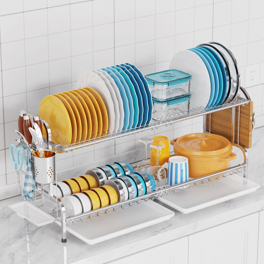 GSlife Kệ Úp Chén Bát Inox 2 Tầng Có Khay Hứng Nước Kệ Nhà Bếp Đa Năng Phong Cách Châu Âu