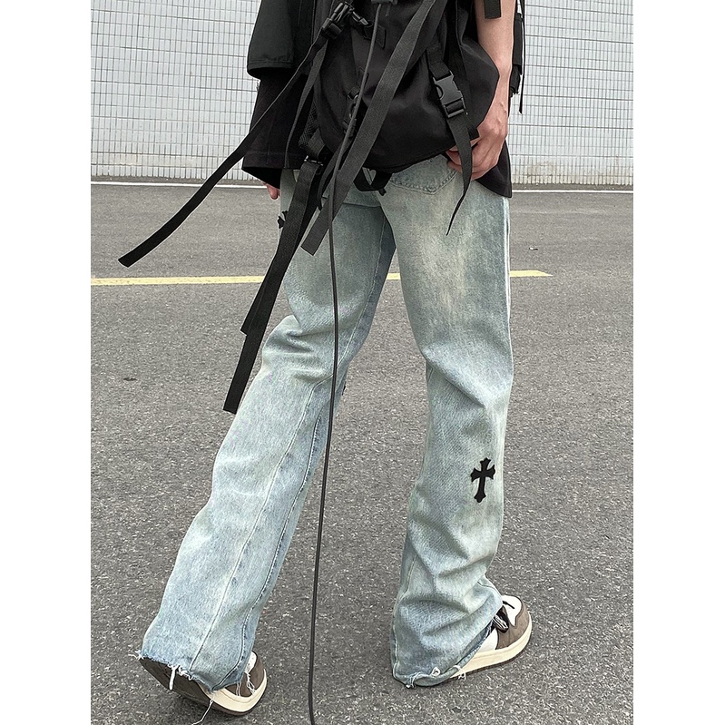 Quần Jeans nam ống rộng họa tiết thánh giá, Quần bò nam phong cách Streetwear