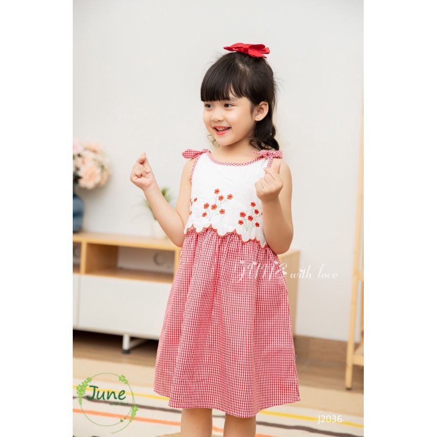Đầm Bé Gái Tiểu Thư Họa Tiết Caro Thêu Hoa Đỏ Tỉ Mỉ MS-J2036💥Chất liệu thô kiện mềm, mát💥thương hiệu June With Love💥