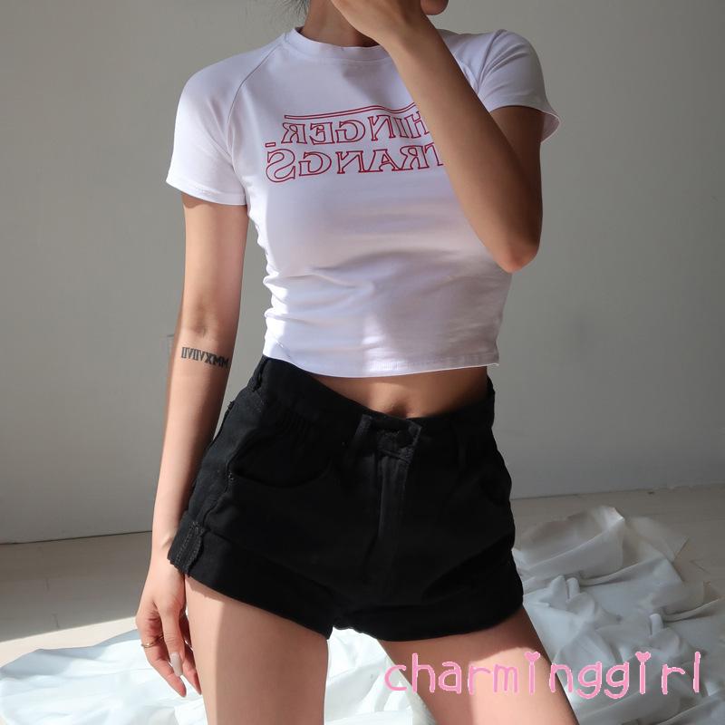 Áo Croptop Tay Ngắn Cổ Tròn Họa Tiết In Chữ Cho Nữ