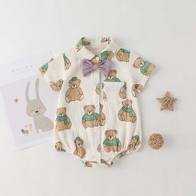 Summer Baby Clothes for Boys Bow Tie Short Sleeve Romper Bear Pattern Newborn Jumpsuit Bodysuit 0-24 Months