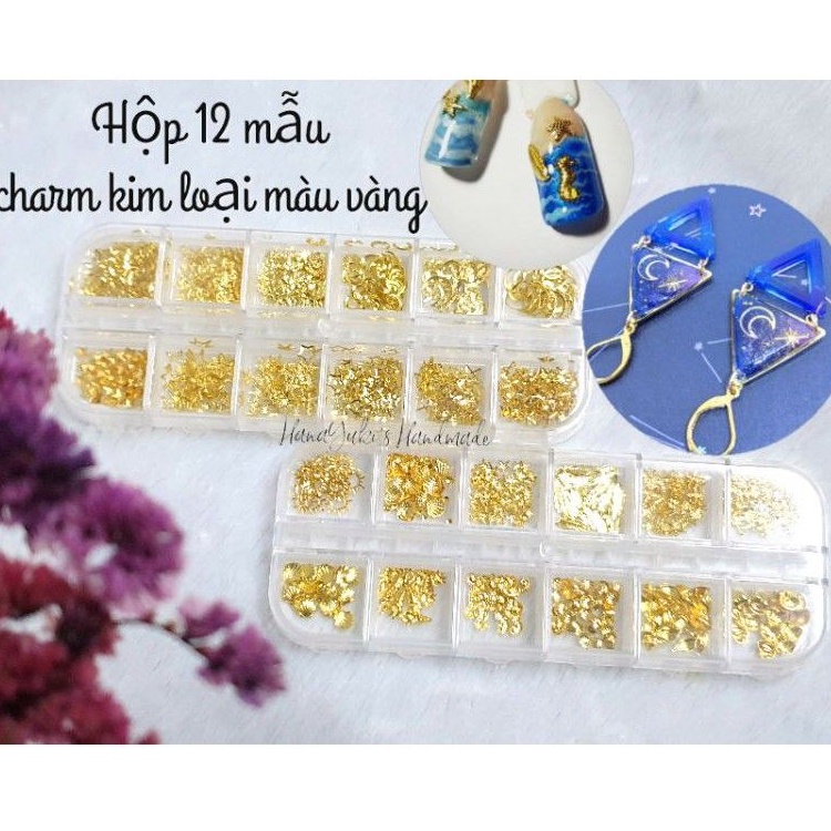 Hộp 12 mẫu Charm ( Mặt trăng, sao, ốc sò...)  dùng trong sáng tạo nghệ thuật Nail, Resin...v...v..