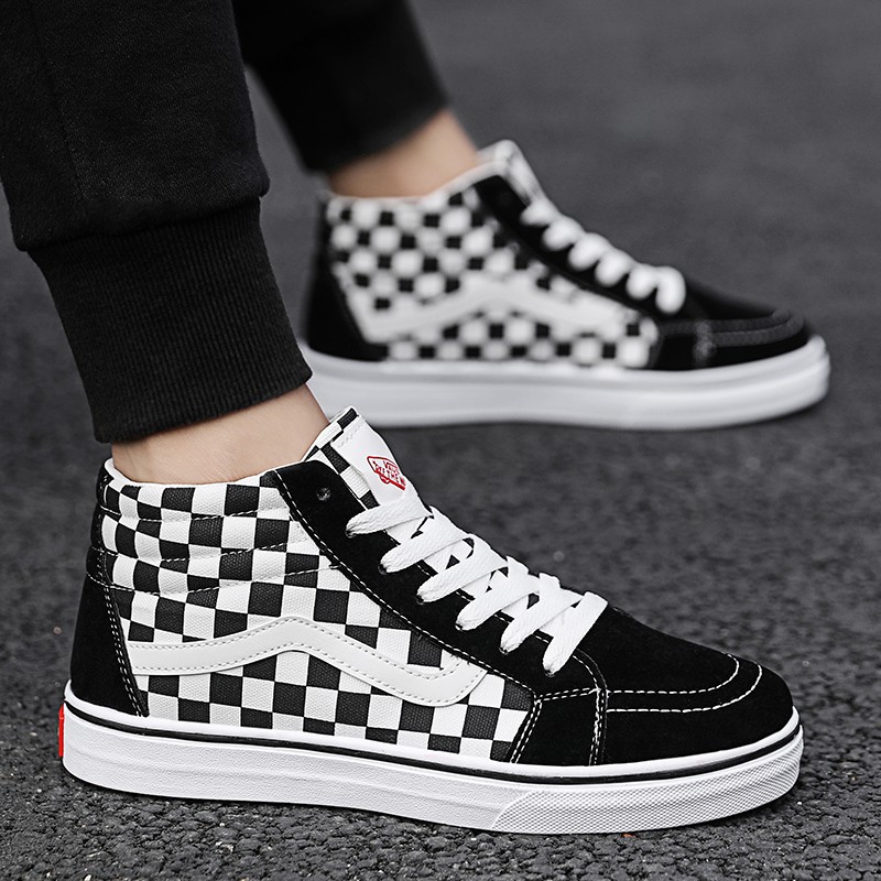 Vans Giày Thể Thao Canvas Cổ Cao Kẻ Sọc Caro Trắng Đen Thời Trang Cho Nữ