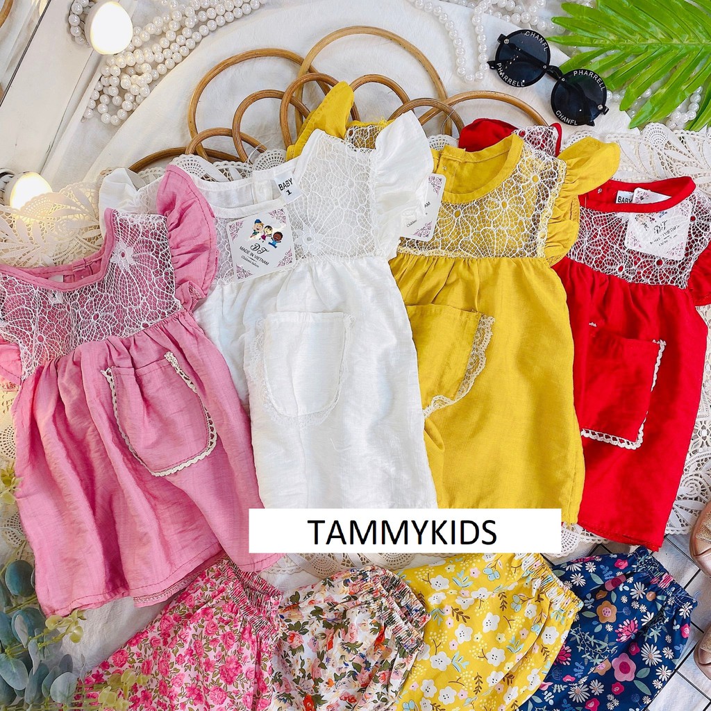 Bộ cộc tay đũi tơ phối ren bé gái, quần áo cộc tay mùa hè bé gái dễ thương nhiều màu Tammykids