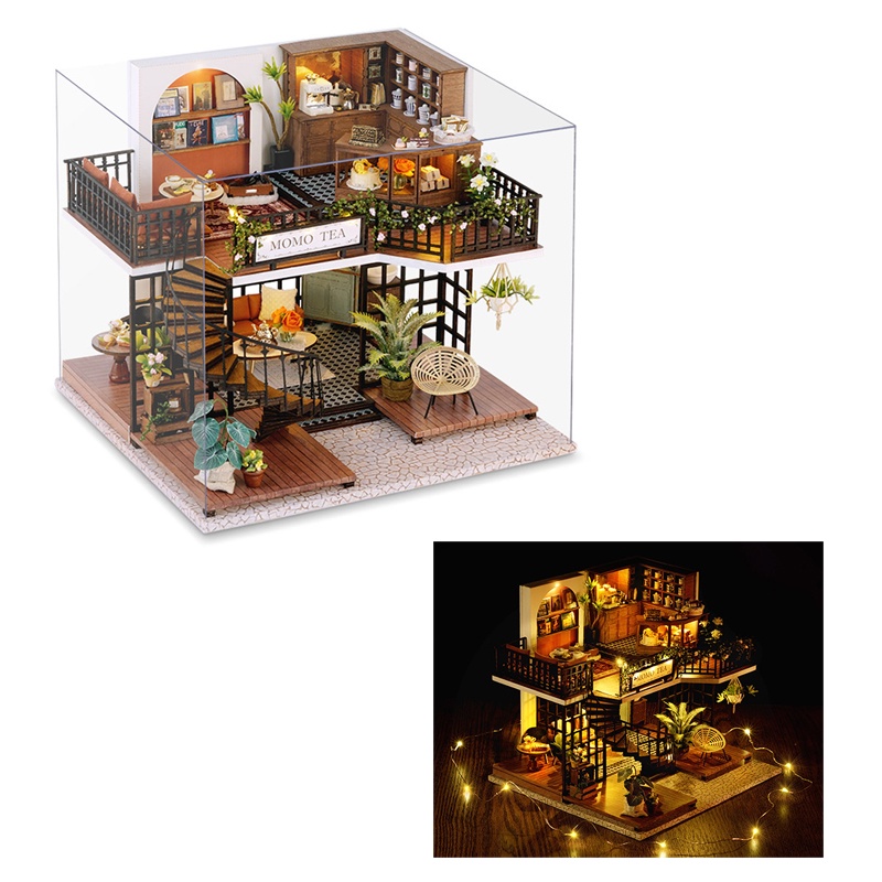 DIY Mô hình nhà búp bê, Phòng trà MOMO Phong Cách Vintage Có Đèn LED LV001