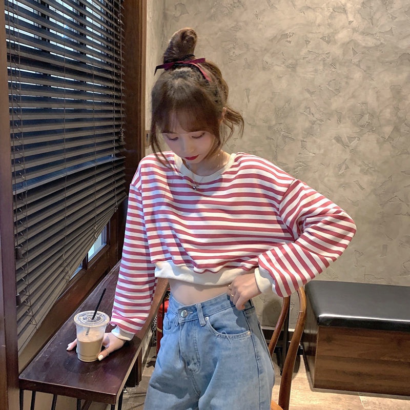 Áo Len Lửng Tay Dài Họa Tiết Sọc Ngang Thời Trang Hàn Quốc Cho Nữ