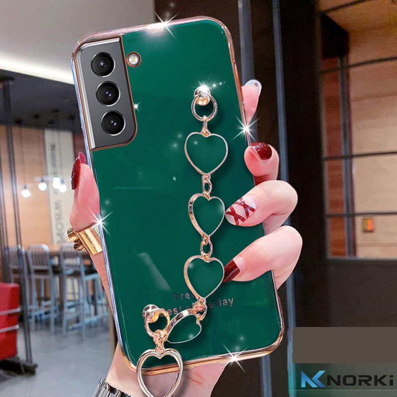 Ốp Điện Thoại Mềm Mạ Hình Trái Tim Có Dây Đeo Tay Cho Samsung Galaxy S22 S21 S9 Plus S21 S22 Ultra S21FE S20