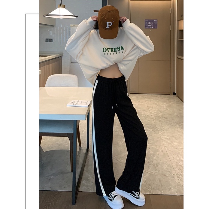 Quần dài ZHELIHANGFEI lưng cao ống rộng họa tiết sọc thời trang cho nữ